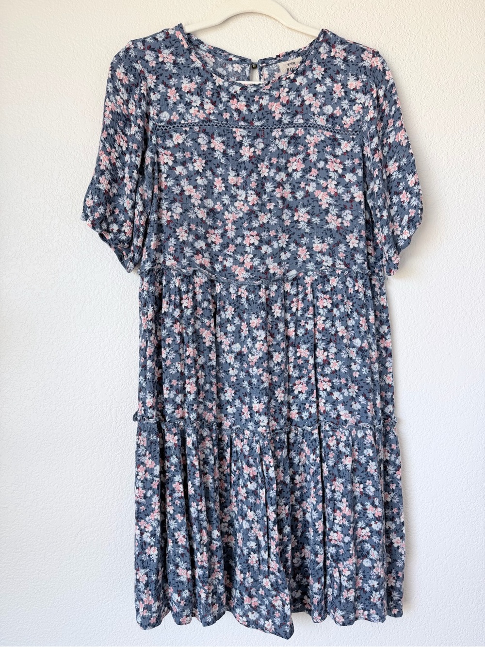 Knox Rose Blue Pink Floral Tiered Midi Dress Boho Cottagecore Rayon XS
